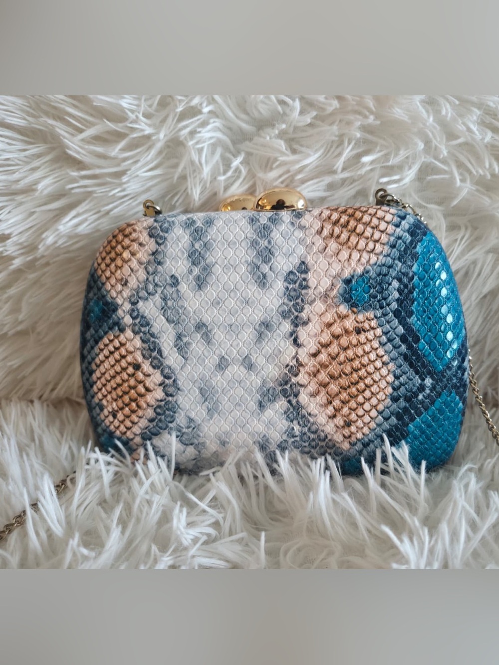 La Regale Teal, Cream & Tan Snake-Print Clutch with Gold Chain